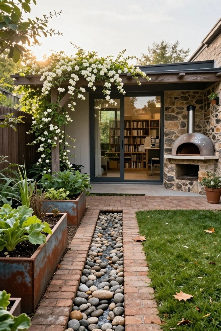 Backyard patio with a dome-shaped wood-fired pizza oven built into a stone wall beside black-framed sliding glass doors to a book-lined room, rustic metal planters with vegetables, brick walkway edged by a pebble-filled channel, wooden pergola draped in white flowering vines, and adjacent green lawn.