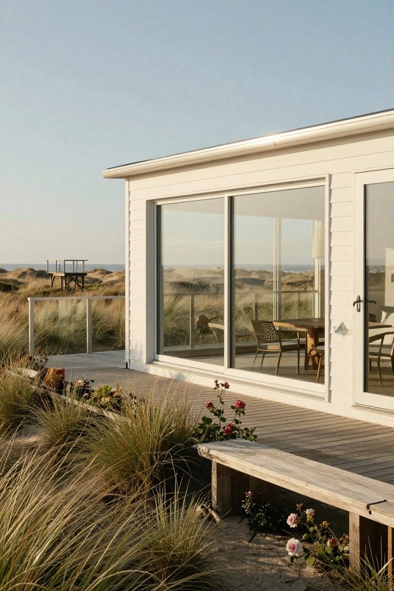 White modern house exterior with large floor-to-ceiling sliding glass doors opening to a wooden deck surrounded by dune grasses and flowers, overlooking sandy beach dunes and ocean under a clear sky.