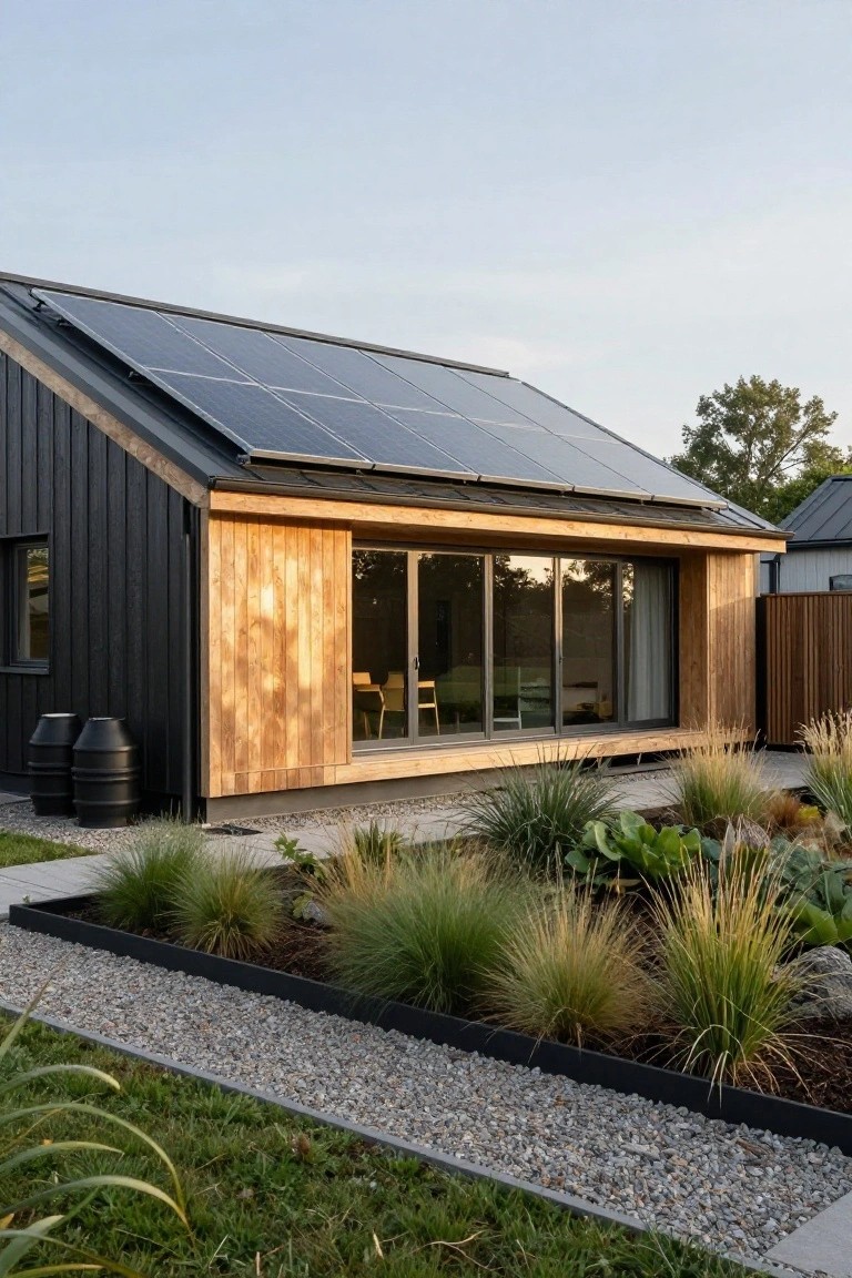 Modern house corner with black vertical siding on one side, light wood paneling and large glass doors on the protruding section, solar panels on sloped roof, black barrels nearby, gravel path, and ornamental grasses in raised beds.