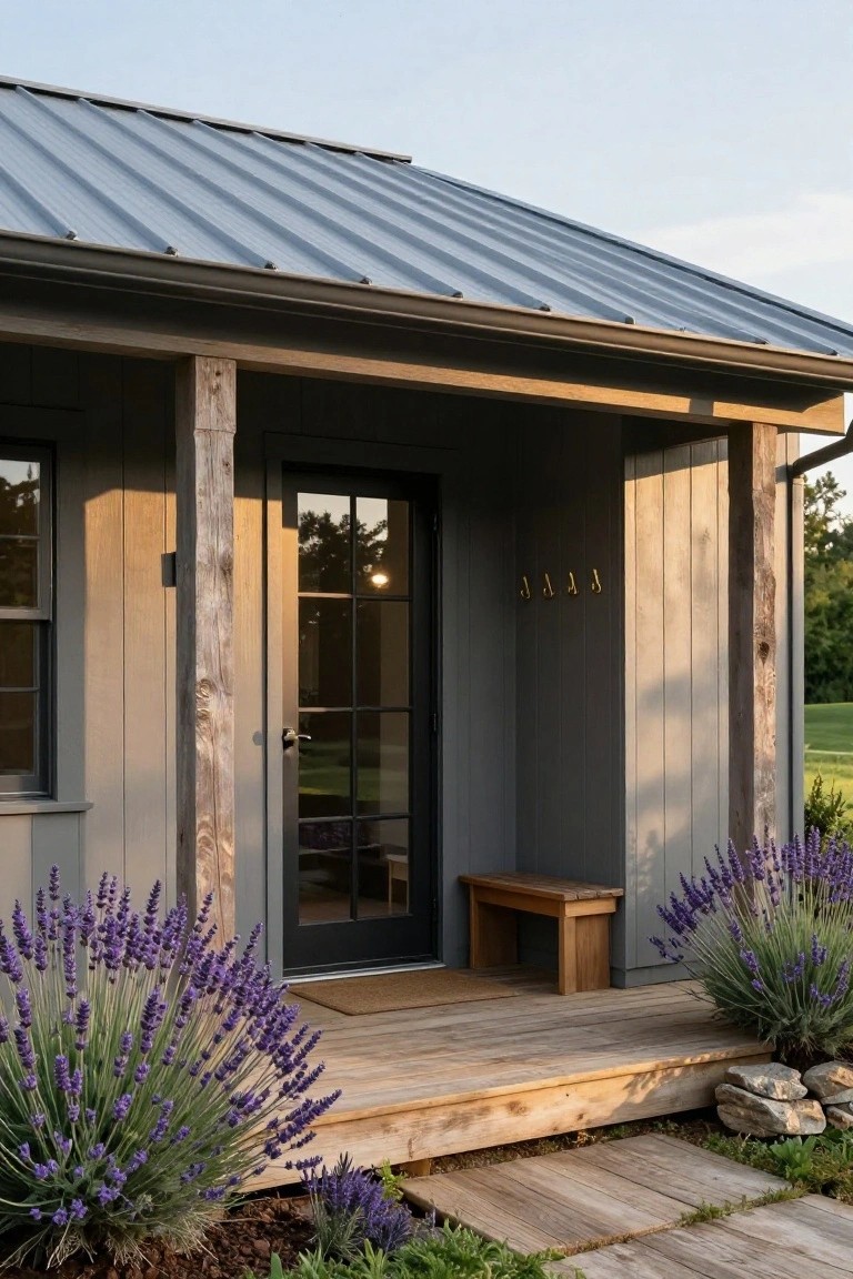Small gray-shingled house exterior with blue-gray metal roof, covered wooden porch supported by thick posts, black-framed glass front door, wooden bench on porch, lavender plants beside steps, and stone accents.