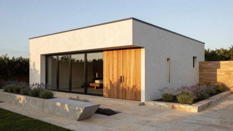 15 Modern House Exterior L Shape Layouts That Maximize Space Modern L-shaped single-story house exterior with vertical light wood slats on one facade, smooth white walls, large black-framed glass wall and wooden entry door at the corner, concrete planters filled with lavender along a beige tiled path, and green lawn.