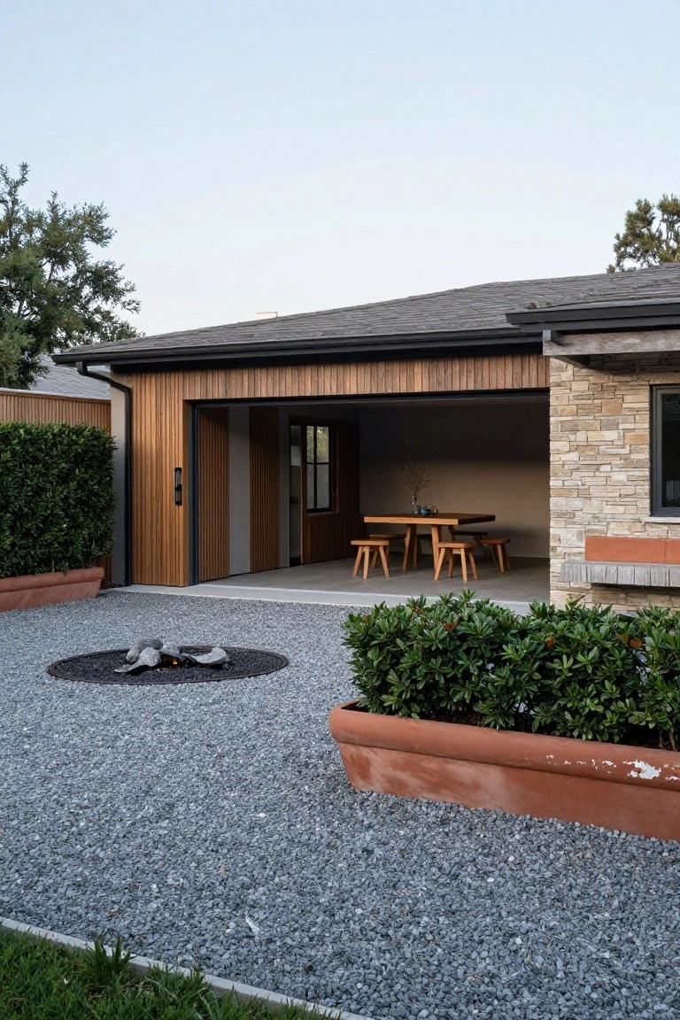 Modern L-shaped house exterior featuring an open vertical wood-paneled garage door revealing a wooden dining table and stools inside, adjacent gravel courtyard with circular fire pit, boxwood hedges, terracotta pots, and stone wall accents under a clear sky.