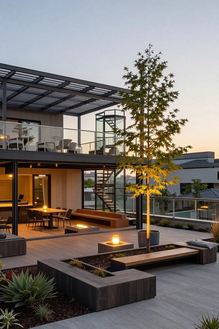 Modern two-story house with glass elevator and balcony overlooking an L-shaped wooden deck featuring built-in benches with plants, two fire pits, a potted maple tree, outdoor dining table, and agave plants at dusk.