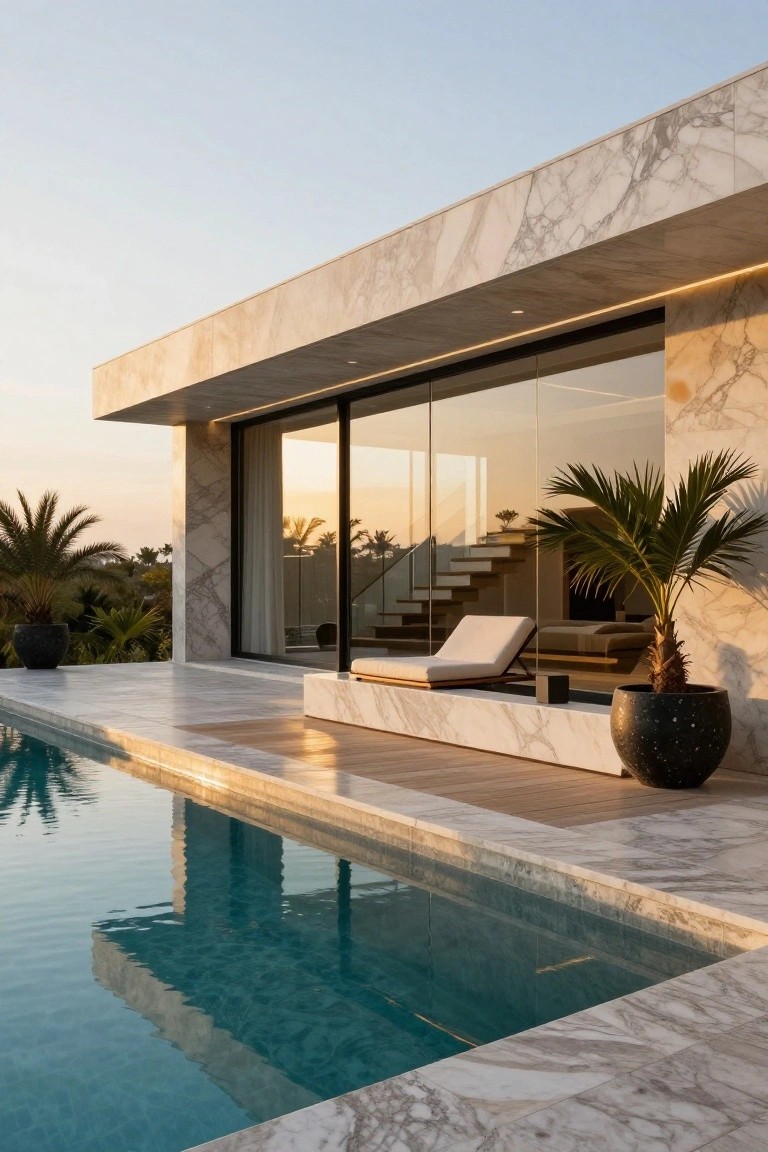 Modern L-shaped house corner with white marble cladding, large floor-to-ceiling glass walls and doors, cantilevered upper level, wooden deck with white lounge chair and black pot plant beside turquoise pool edge, palm trees, sunset sky.