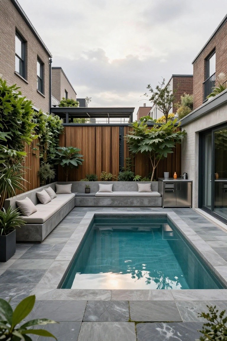 Small rectangular turquoise pool in a gray stone-tiled courtyard surrounded by L-shaped concrete benches with beige cushions, potted plants, wooden slat screens, and brick walls with glass doors.