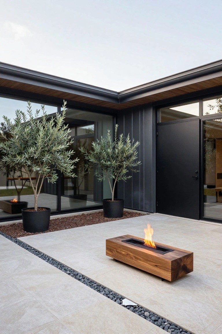 L-shaped modern house corner featuring black metal cladding, large glass windows, a black entry door, two potted olive trees, and a rectangular wooden linear fire pit with flames on a light tiled patio edged with pebbles and bark mulch.