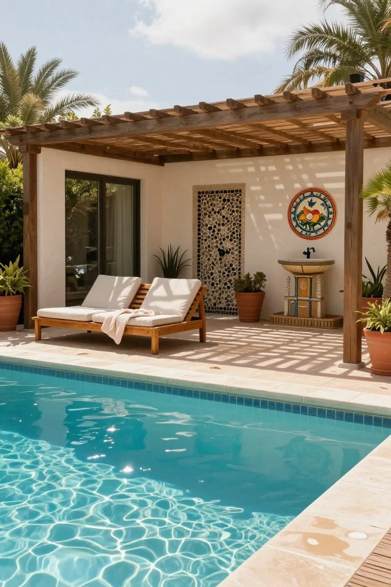 Wooden pergola shading a beige double lounger with towels draped over it next to a turquoise pool edged in beige tile, white stucco wall with black-and-white tile screen and colorful fountain, potted plants, and palm trees in the background.