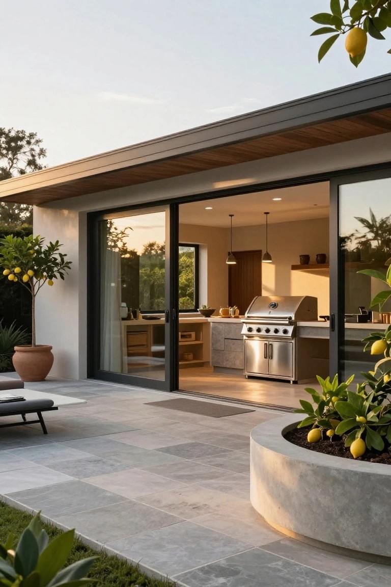Modern house with large open sliding glass doors connecting indoor kitchen to outdoor tiled patio featuring stainless steel BBQ grill, potted lemon trees, lounge chair, and garden plants.