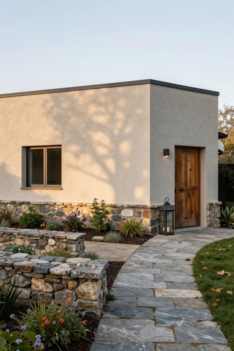 Corner view of a beige stucco building with black roof edge, recessed wooden entry door lit by a wall sconce and lantern, low stone retaining walls planted with agave and other succulents, curved flagstone pathway, and adjacent garden bed with flowers.