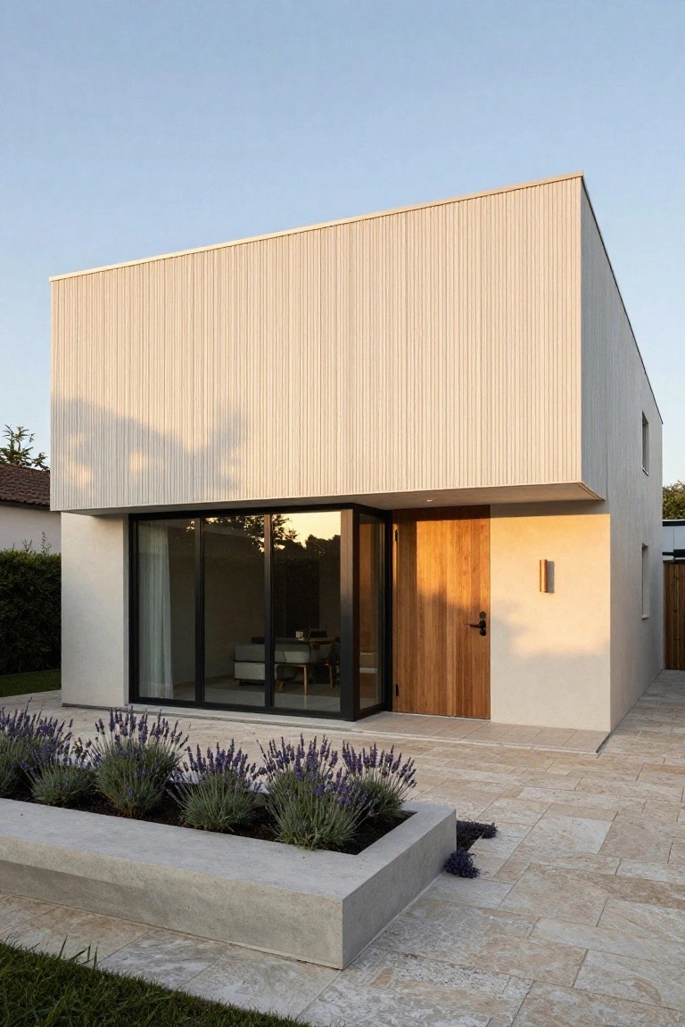 Modern L-shaped single-story house exterior with vertical light wood slats on one facade, smooth white walls, large black-framed glass wall and wooden entry door at the corner, concrete planters filled with lavender along a beige tiled path, and green lawn.