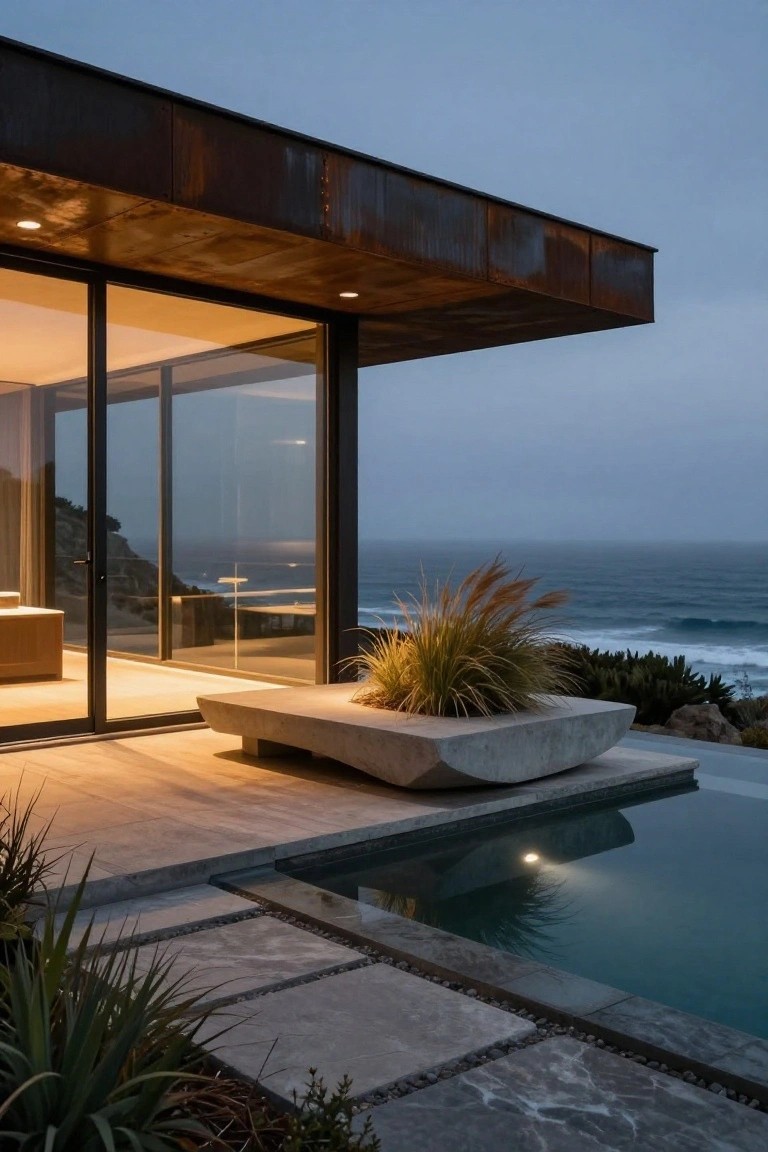 Night view of modern house corner with cantilevered rusted metal roof extending over wooden deck, large glass walls, concrete planter with grasses, infinity-edge pool, and ocean in background.