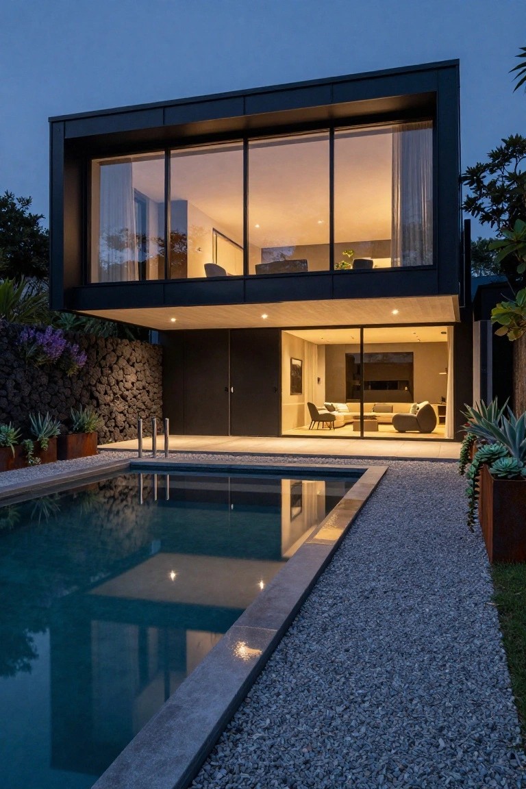 Night exterior view of a modern two-story house with black cladding and cantilevered upper level featuring large glass windows lit warmly inside, black entry doors below, adjacent rectangular pool with ladders, lava rock wall, potted succulents, and tropical plants.