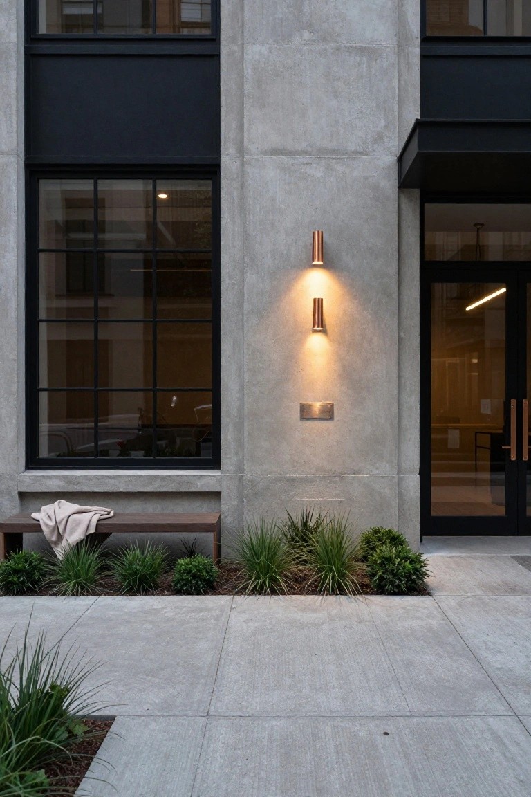 Night view of a modern multistory building facade made of concrete with black metal-framed windows, two vertical copper wall sconces illuminating the area near a glass entry door with copper handles, a wooden bench with a beige blanket, and low grasses and plants at the base along a concrete sidewalk.
