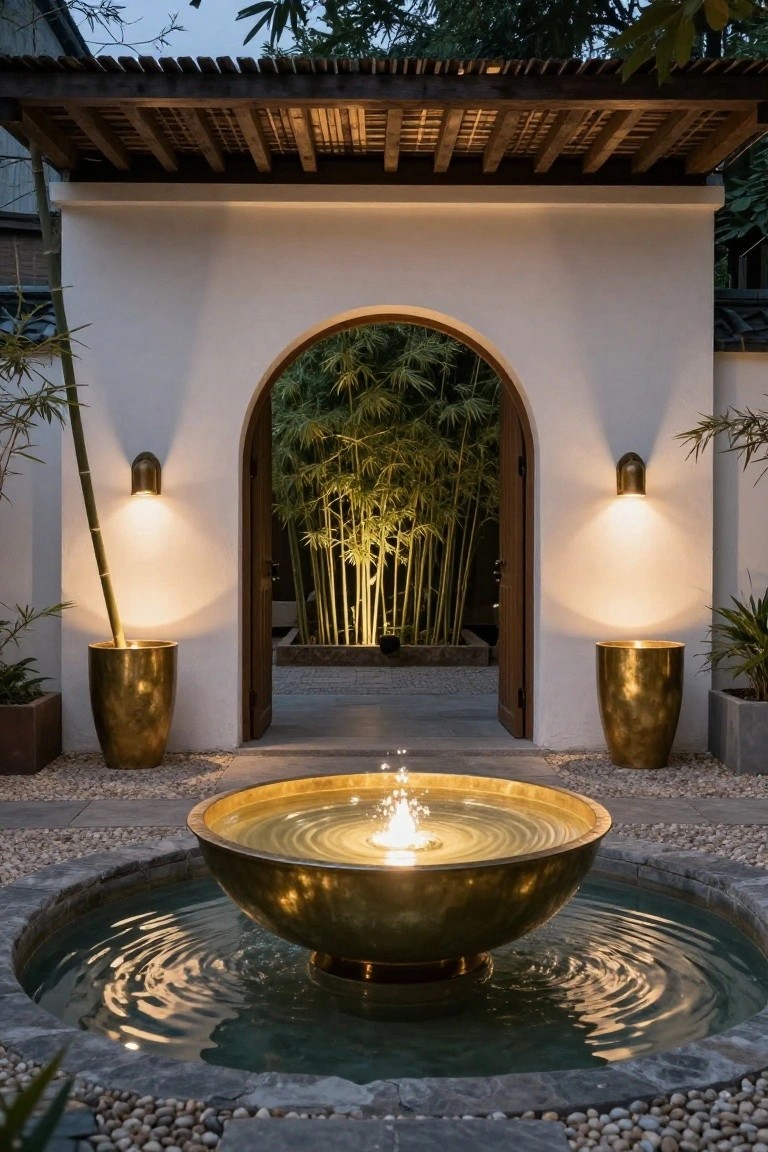 Nighttime view of a white stucco courtyard featuring a central brass bowl fountain with rippling water on pebble ground, arched wooden doorway to backlit bamboo garden, brass planters, and wall-mounted sconces.