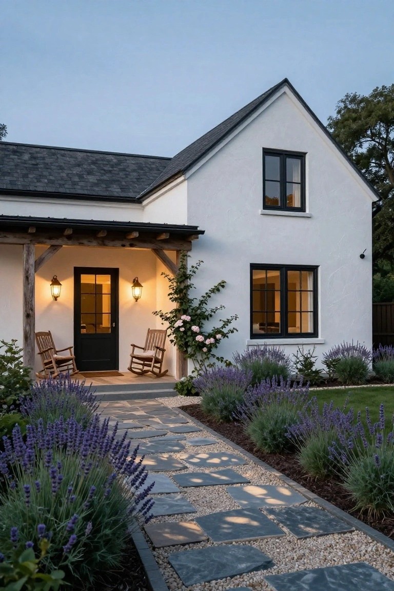 White stucco house exterior at dusk with black-framed windows and door, covered porch with two rocking chairs and lanterns, lavender plants along a stone path leading to the entry, and lawn nearby.
