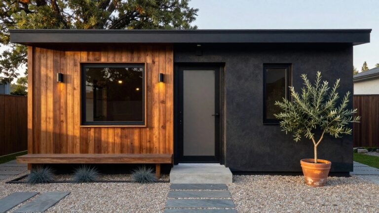 Modern house front at dusk with matte black stucco walls, tall vertical wood plank front door, frosted glass sidelight, black wall light, agave plant in bed, potted olive tree, concrete stoop, and gray stone steps to gravel ground.