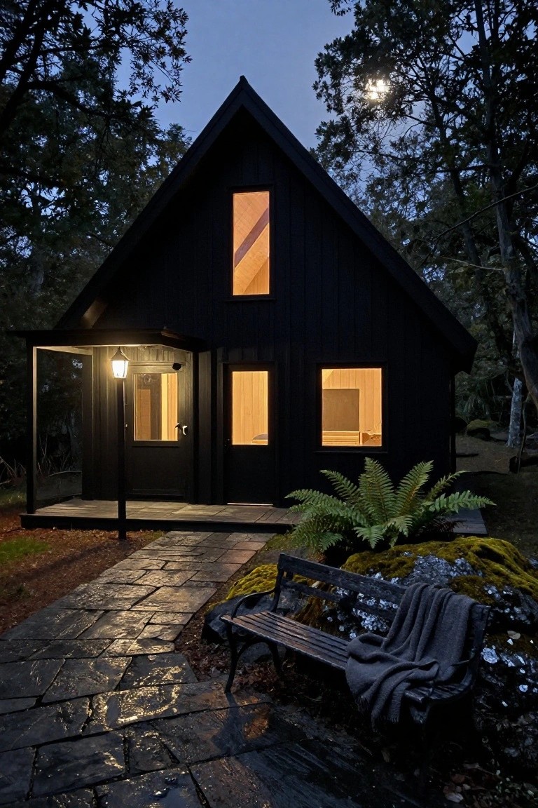 Black A-frame cabin at dusk in a wooded area with warm interior lights glowing from triangular and rectangular windows, a lit porch lantern, dark wooden door, stone pathway, bench with gray blanket, ferns, mossy rocks, and moonlight filtering through trees.