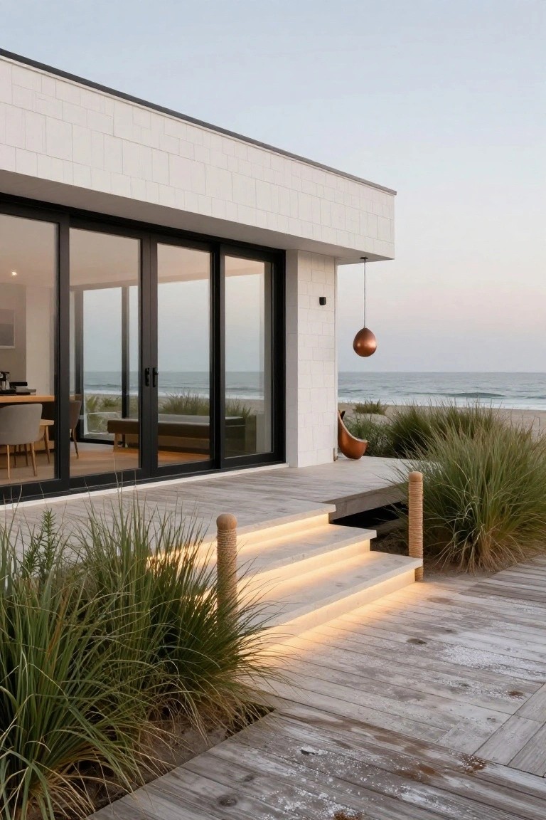 White modern beach house corner with black-framed sliding glass doors, wooden deck, glowing LED-lit white steps flanked by tall dune grasses and rope bollards, ocean and sky at dusk.