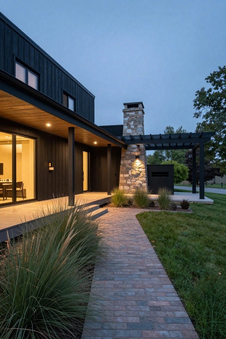 Night view of modern black house exterior with tall illuminated stone chimney, wooden porch roof, glass entry doors, brick pathway, and tall grasses.
