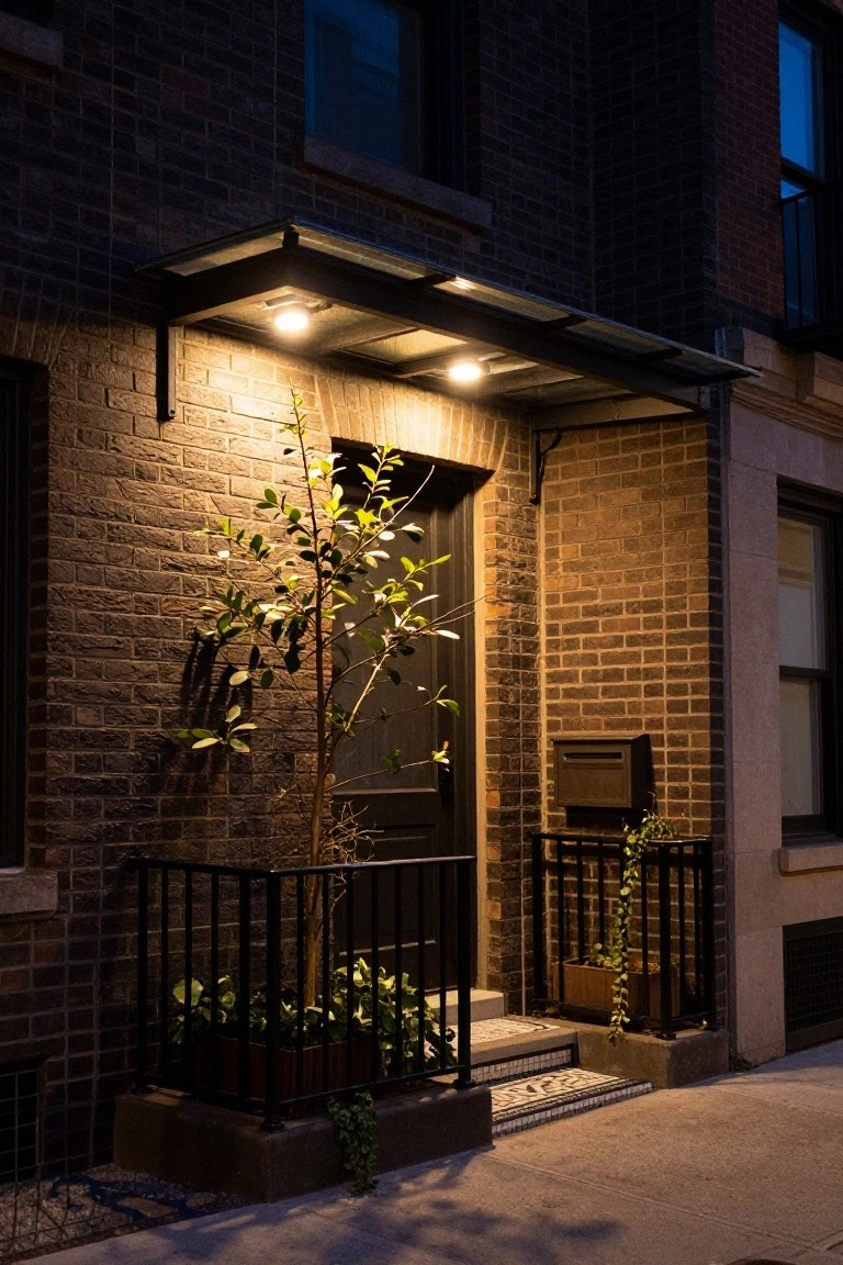 Night view of a brick townhouse exterior with warm lights under a metal awning illuminating a black front door, small tree, potted plants, and metal railing beside tiled steps.