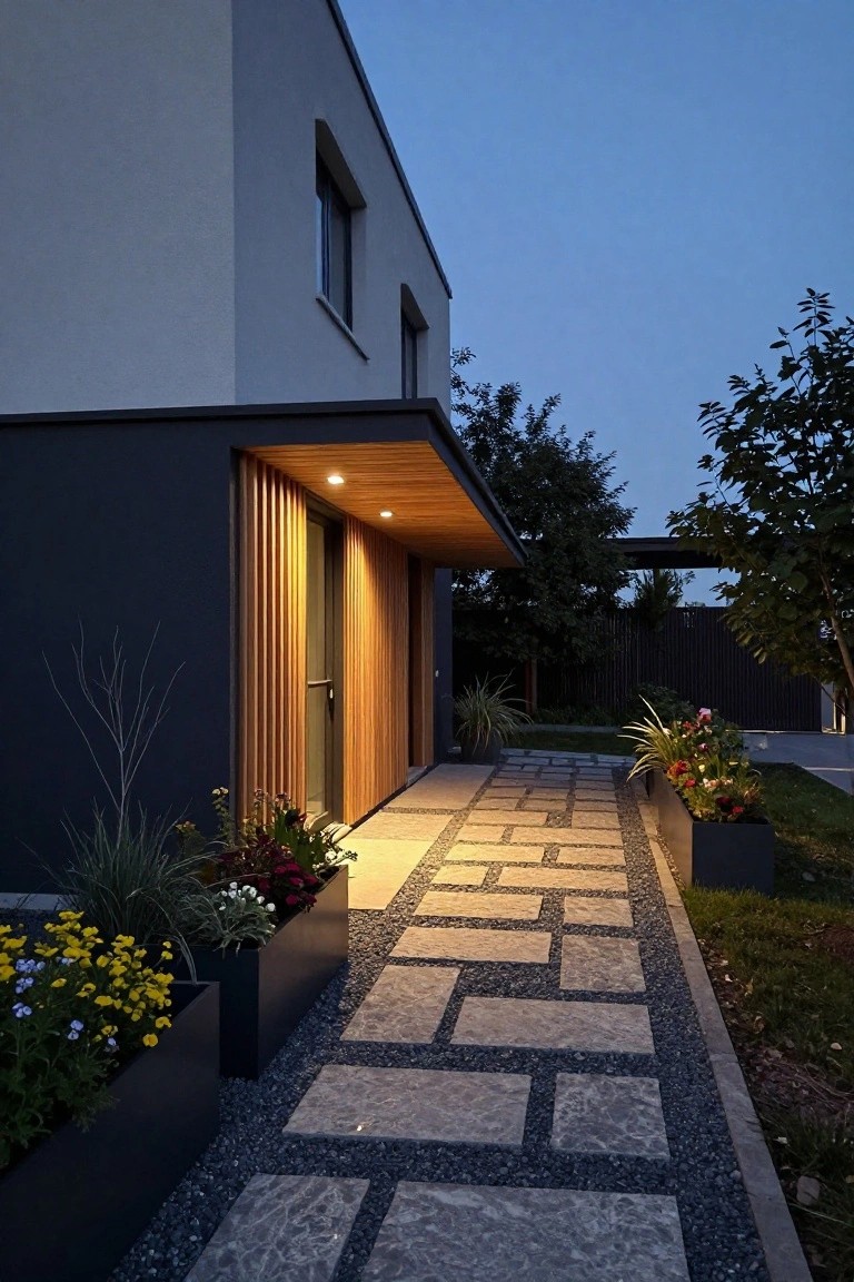 Modern house exterior at night with white and dark walls, a recessed wooden-clad entry under a lit wooden canopy, a geometric gray stone slab pathway in gravel borders lined with black planters of flowers and grasses.