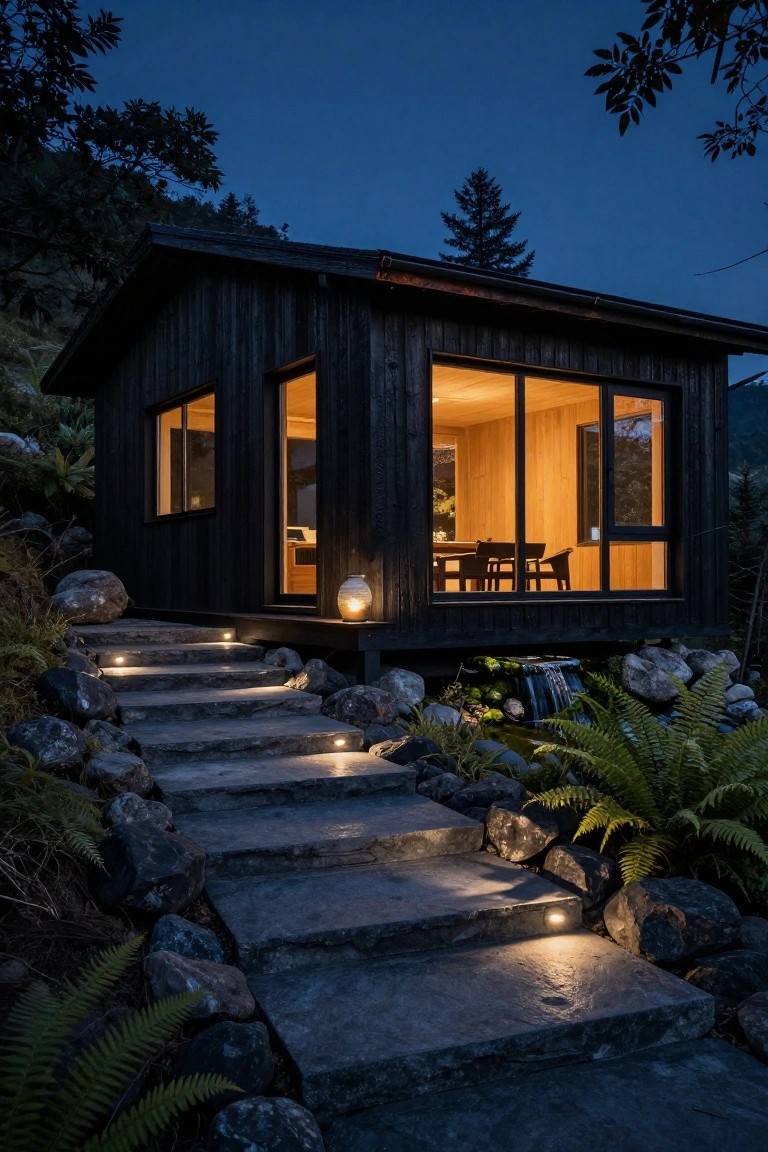 A black wooden cabin elevated at night with large windows glowing warm light inside, stone steps leading up with integrated low lights, surrounded by rocks, ferns, and a small waterfall.