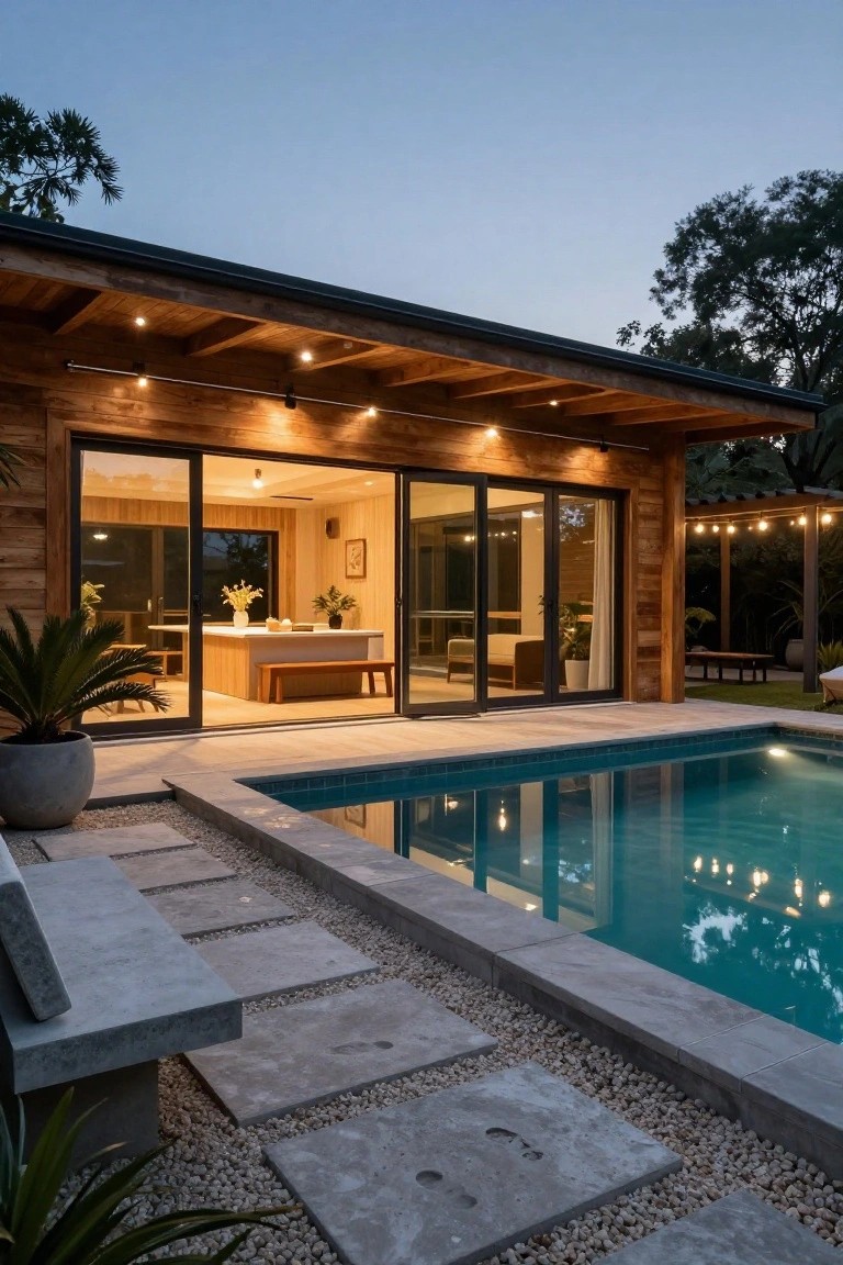 Modern house exterior at dusk featuring wooden cladding, large open glass sliding doors revealing indoor kitchen and living area, adjacent rectangular swimming pool with reflections, warm overhead and string lights, stone path, potted plants, and tropical trees.