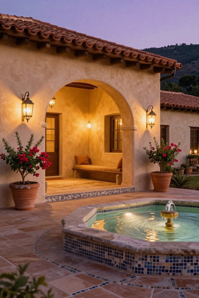 Beige stucco house exterior at twilight with red tile roof, arched entryway flanked by wall lanterns, wooden door, cushioned bench under the arch, potted plants with red flowers, and octagonal tiled fountain with central water spout and underwater lighting in the foreground courtyard.