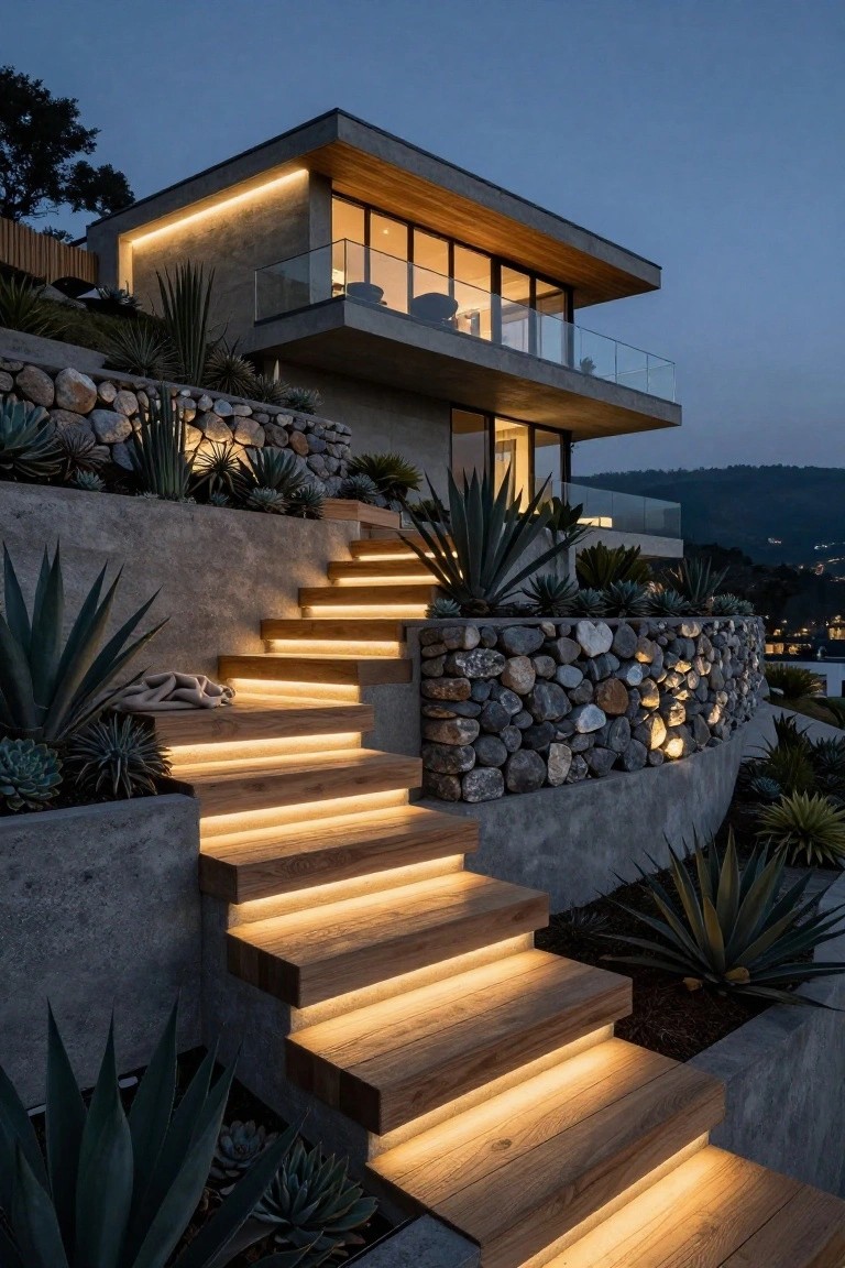Modern hillside house exterior at night with wooden stairs illuminated by LED strips underneath, surrounded by stone retaining walls and agave plants.