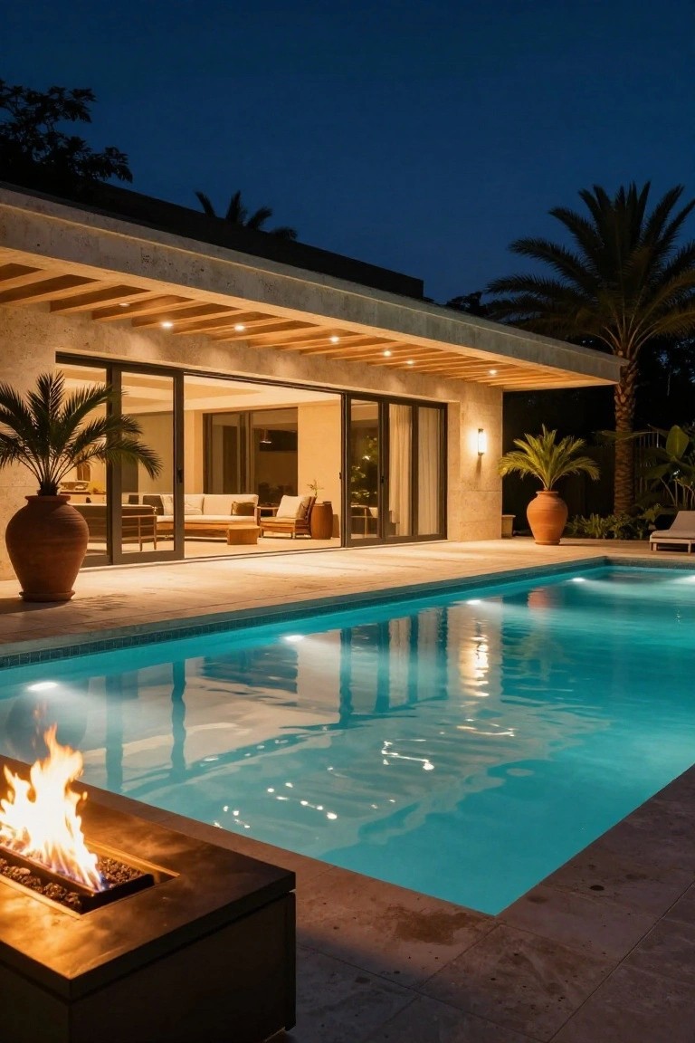 Nighttime view of a modern house exterior with large open sliding glass doors revealing lit indoor furniture, a glowing blue pool, linear fire pit on the deck edge, palm trees, and terracotta pots.