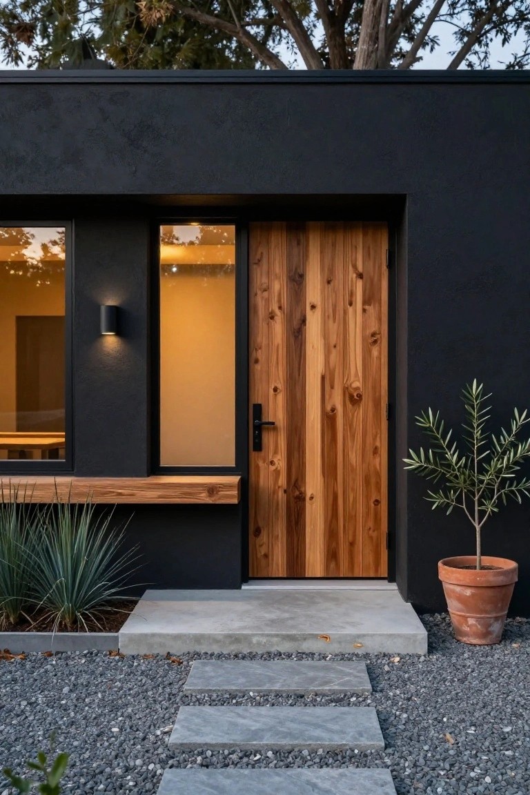 Modern house front at dusk with matte black stucco walls, tall vertical wood plank front door, frosted glass sidelight, black wall light, agave plant in bed, potted olive tree, concrete stoop, and gray stone steps to gravel ground.