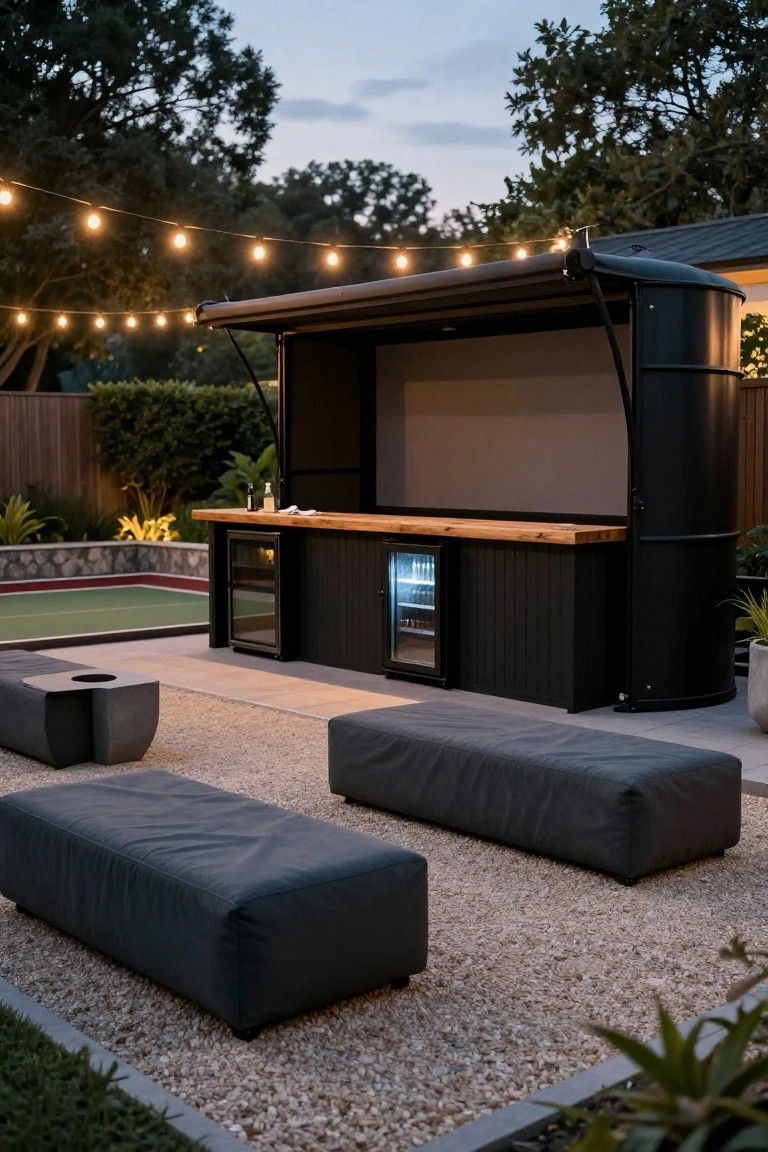Black cylindrical outdoor bar structure with wooden countertop, under-counter fridge, overhead string lights, gray cube seating on pebble patio, swimming pool, and garden in background.