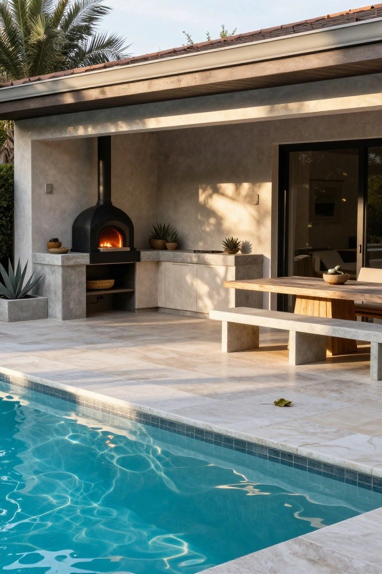 Outdoor patio with built-in black pizza oven on concrete counters, wooden dining table with benches, potted plants, and edge of turquoise pool on tiled deck.