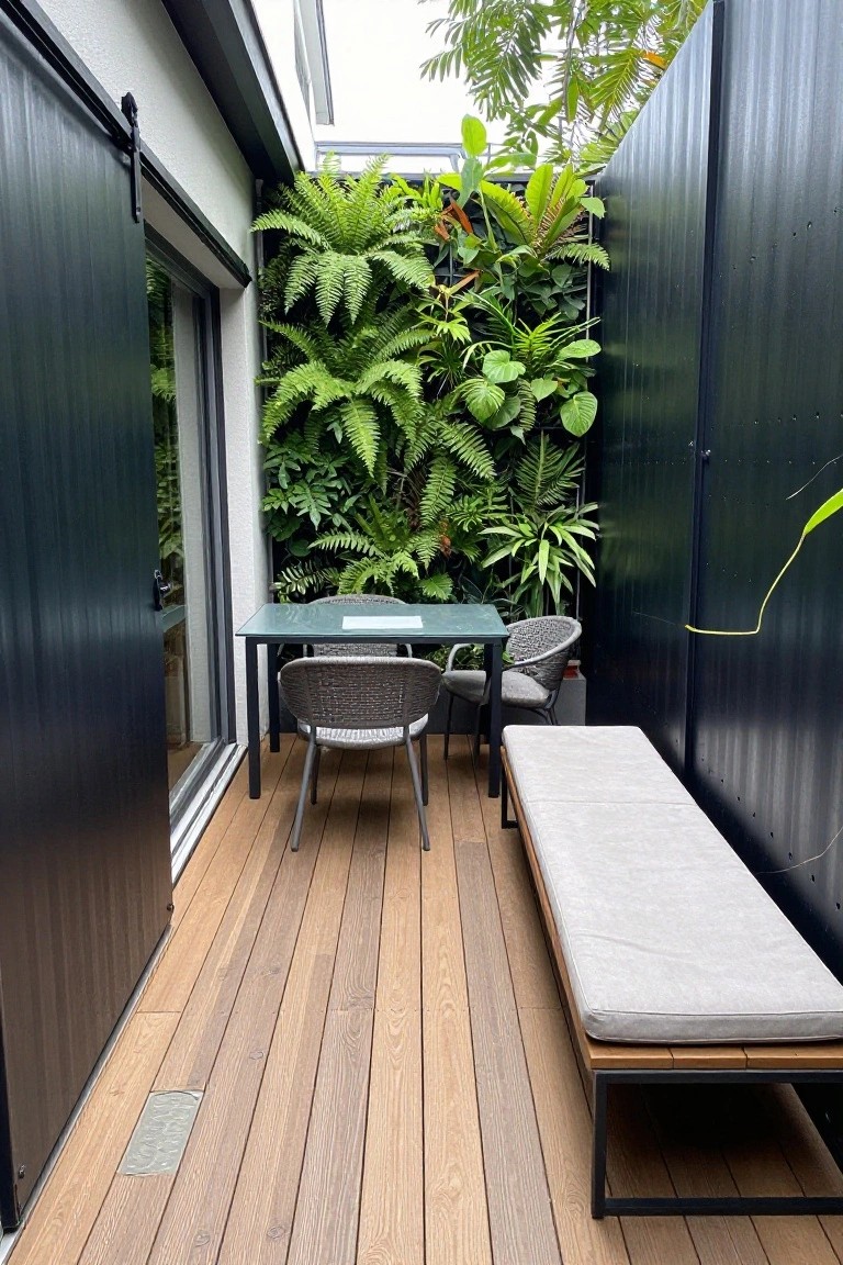Narrow outdoor patio on wooden decking with glass-top table, two rattan armchairs, cushioned bench, lush vertical garden of ferns and plants on one wall, black sliding doors and panels enclosing the space.