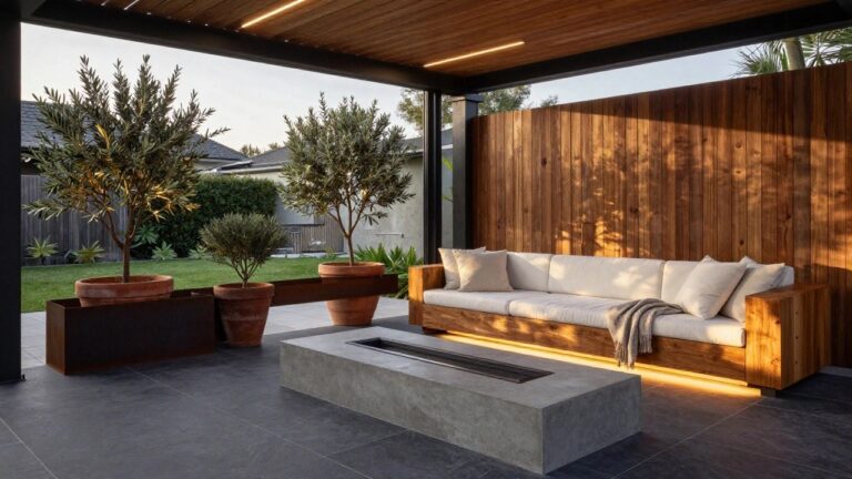 Modern covered outdoor patio at dusk with rectangular concrete gas fire pit table emitting linear flames next to wooden-framed sofa with white cushions and throw, large sliding glass doors to house, potted olive trees, wooden slat fence, and dark tiled floor.