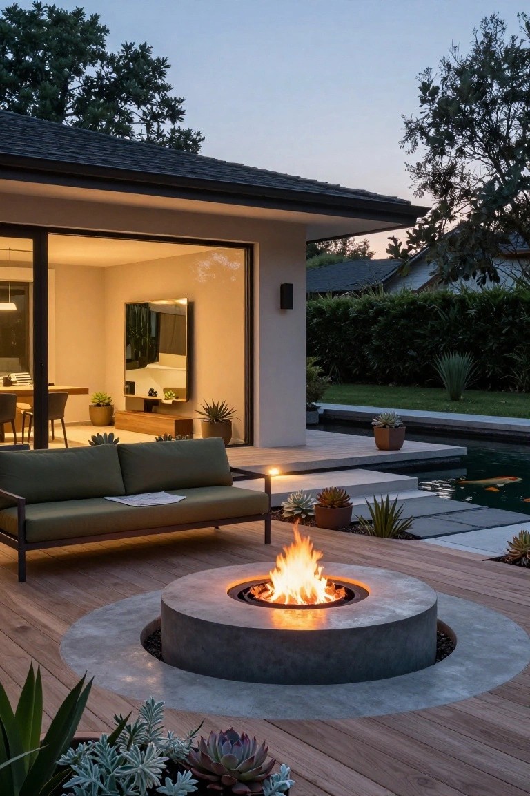 Backyard deck at dusk with a lit circular concrete fire pit, green metal-framed sofa, potted succulents and agave plants, koi pond, and glass doors to the house interior.