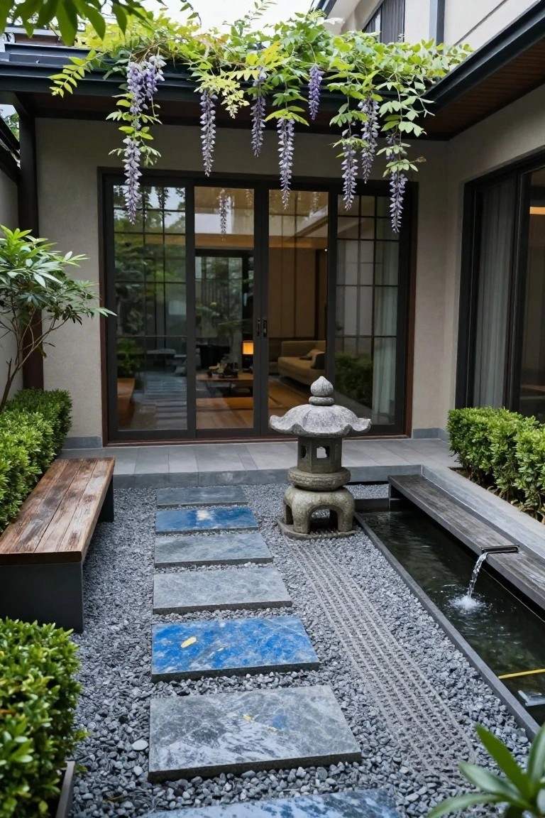 Small enclosed courtyard patio with light gray gravel ground cover, large irregular slate stepping stones forming a path, central gray stone lantern, wooden benches on either side, low green boxwood shrubs, narrow flowing water channel, overhanging purple wisteria from eaves, and large sliding glass doors on the house facade.