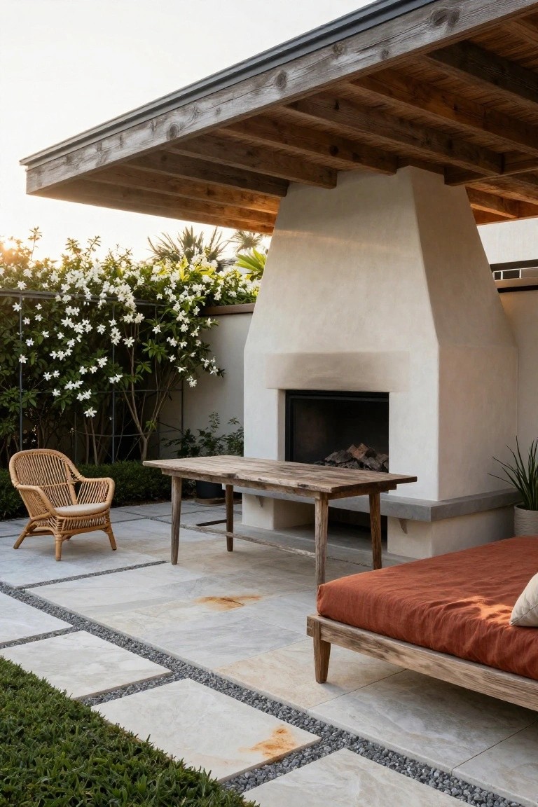 Outdoor patio under wooden beams with a tall white stucco fireplace, rustic wooden table, rattan armchair, low wooden daybed with orange cushions, tiled floor, greenery wall, and grass edge.