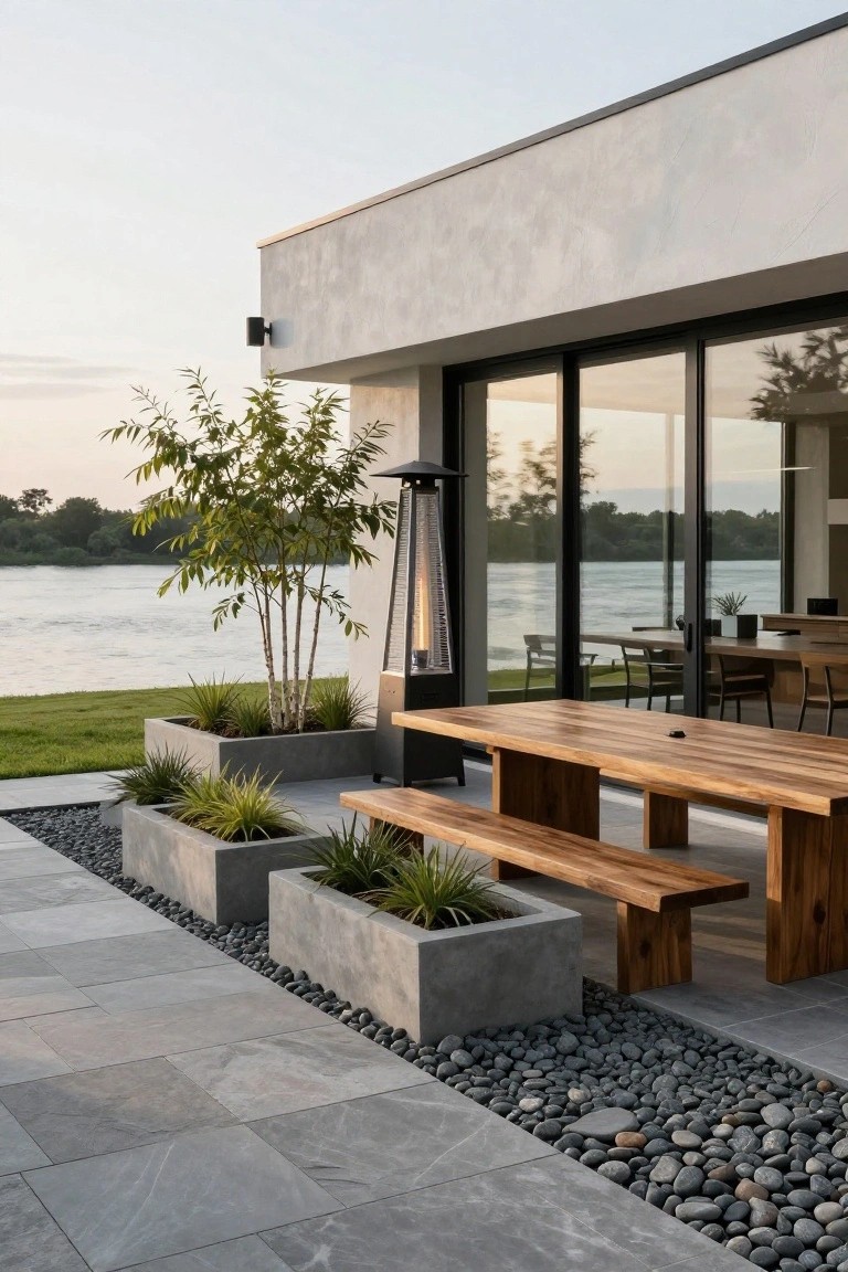 Modern outdoor patio featuring a long wooden dining table with benches positioned next to large glass sliding doors on a white stucco house wall, with a patio heater, concrete planters with grasses, gravel edging, and a river view in the background.