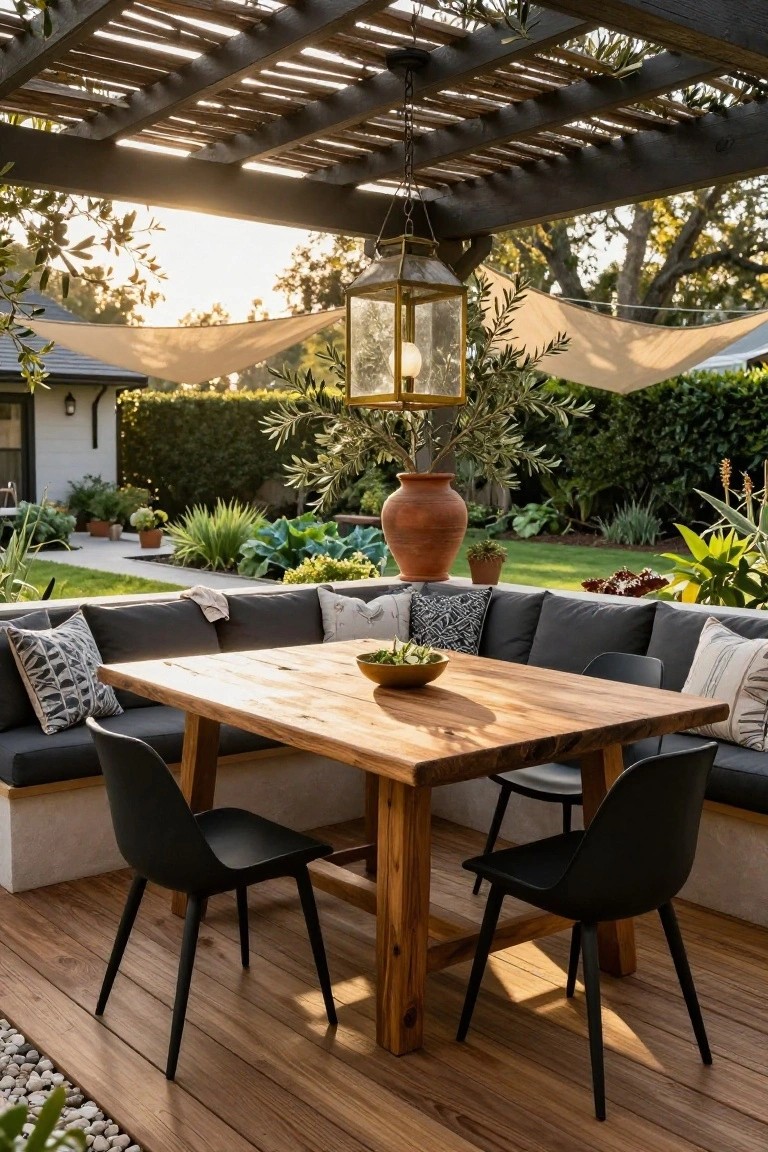 Wooden rectangular dining table with black molded chairs and L-shaped built-in black bench seating with patterned pillows, under a wooden pergola on a deck surrounded by potted plants and garden beds.