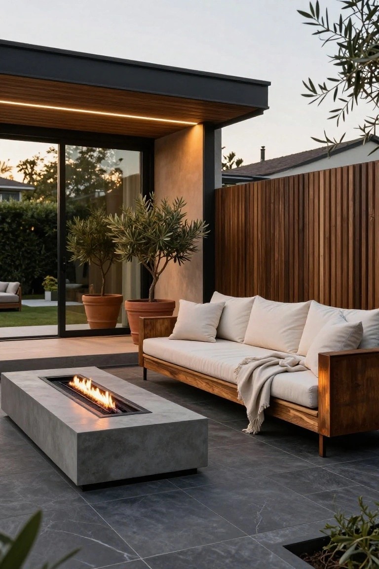 Modern covered outdoor patio at dusk with rectangular concrete gas fire pit table emitting linear flames next to wooden-framed sofa with white cushions and throw, large sliding glass doors to house, potted olive trees, wooden slat fence, and dark tiled floor.