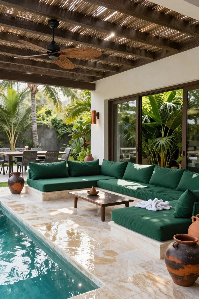 Green L-shaped sectional sofa on a raised beige stone platform next to a turquoise pool edge, with a wooden coffee table, potted terracotta vases, and tropical plants under a thatched wood ceiling on a sunny patio.