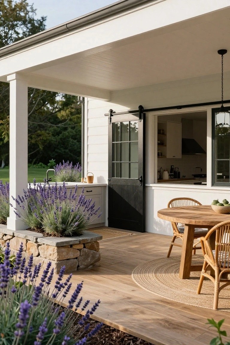 Covered wooden porch on white house with black sliding barn door to kitchen pass-through window, white cabinets and sink with lavender plants in stone planter, round wooden table with rattan chairs on deck.