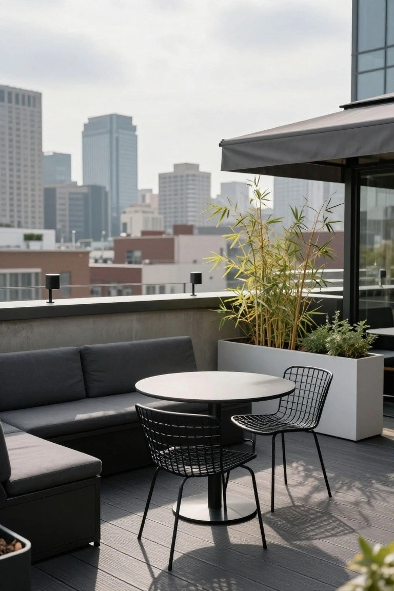Rooftop terrace deck with gray L-shaped sofa, round white table, two black wireframe chairs, white planters holding bamboo, black awning, and city skyline view.