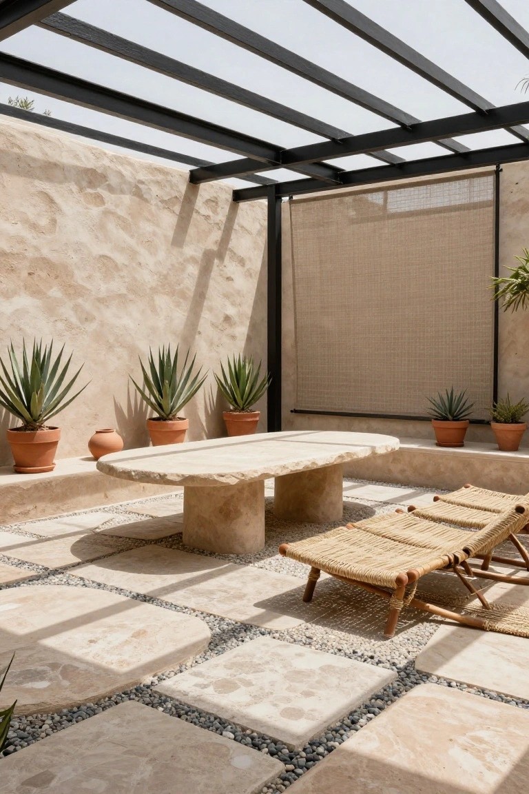 Shaded outdoor patio with beige textured walls, black metal pergola overhead, large oval beige stone table on pedestal base, two woven loungers, terracotta pots holding agave plants, and stone tile floor with pebble inlays.