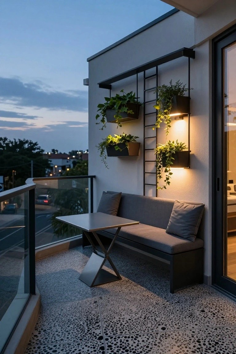 Modern balcony at dusk with black metal vertical ladder holding planters of trailing green plants and integrated lights on a white wall, gray cushioned bench, metal table, glass railing, and view of street below.