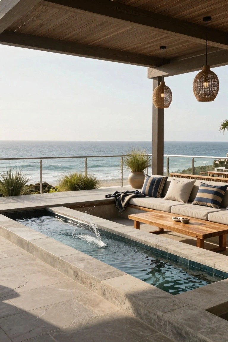 Outdoor terrace under wooden-beamed pergola with rattan pendant lights, featuring beige sectional sofa with striped and neutral pillows, wool throw, wooden coffee table, linear blue-tiled water feature with fountain jets, potted grasses, and glass cable railing overlooking ocean waves.