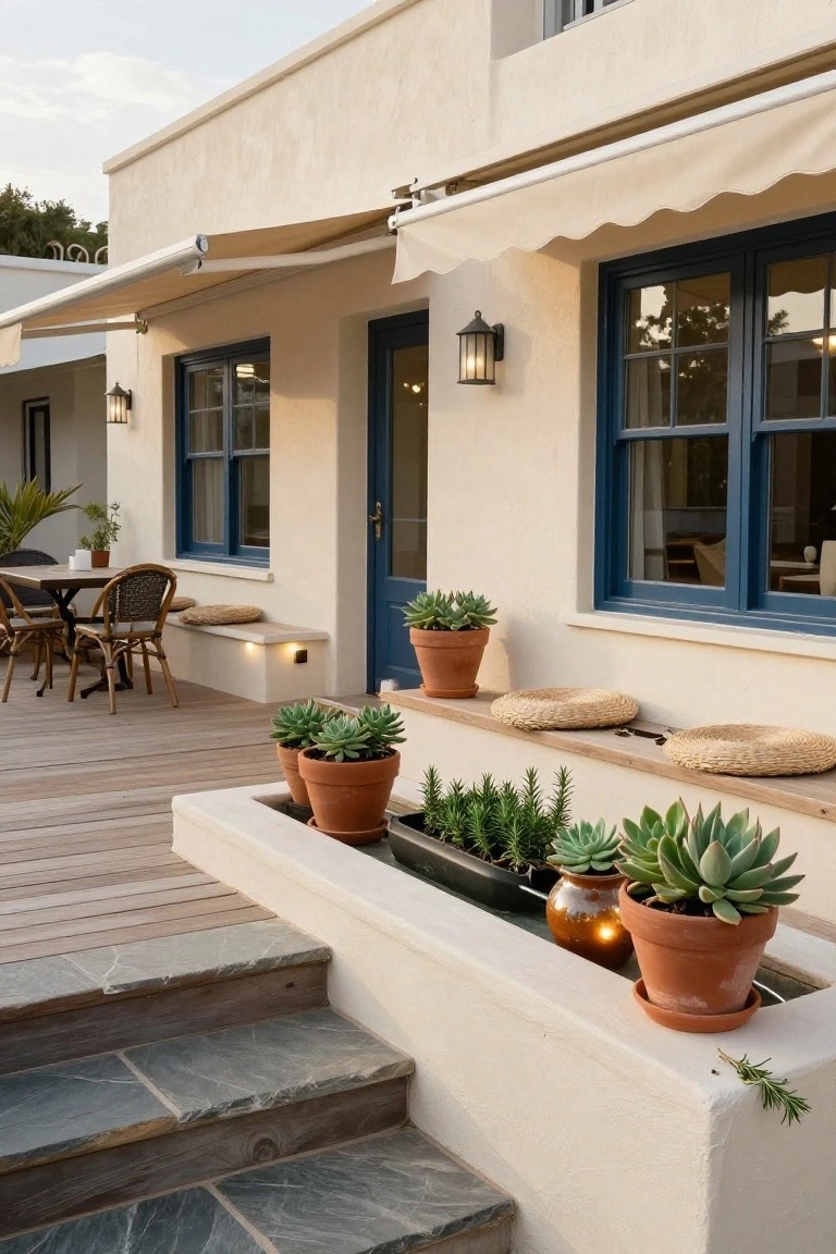 Cream stucco house exterior wall with navy blue framed windows and door, beige awning, built-in wooden bench with seagrass cushions, adjacent rectangular planter with succulents and herbs, terracotta pots, wood deck with bistro table and chairs, and stone steps leading up.