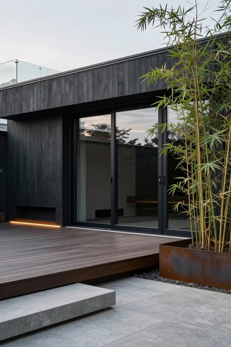 Modern house exterior with black vertical timber cladding, large black-framed sliding glass doors, wooden deck, concrete step, corten steel planter with bamboo, and gravel paving.