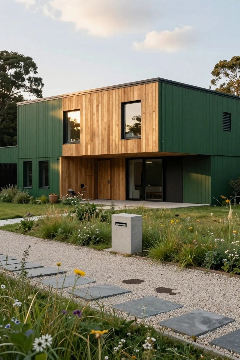 Modern green and wood house with garden and stone path.